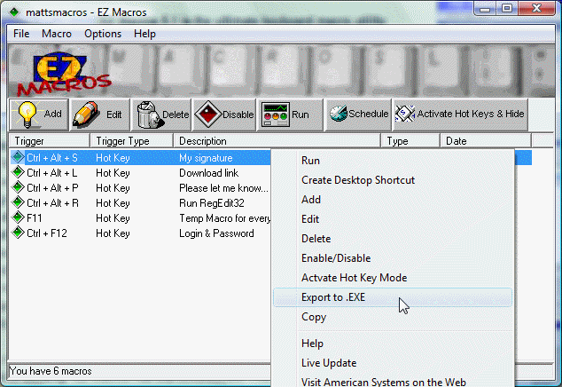EZ Macros interface showing macro recorder