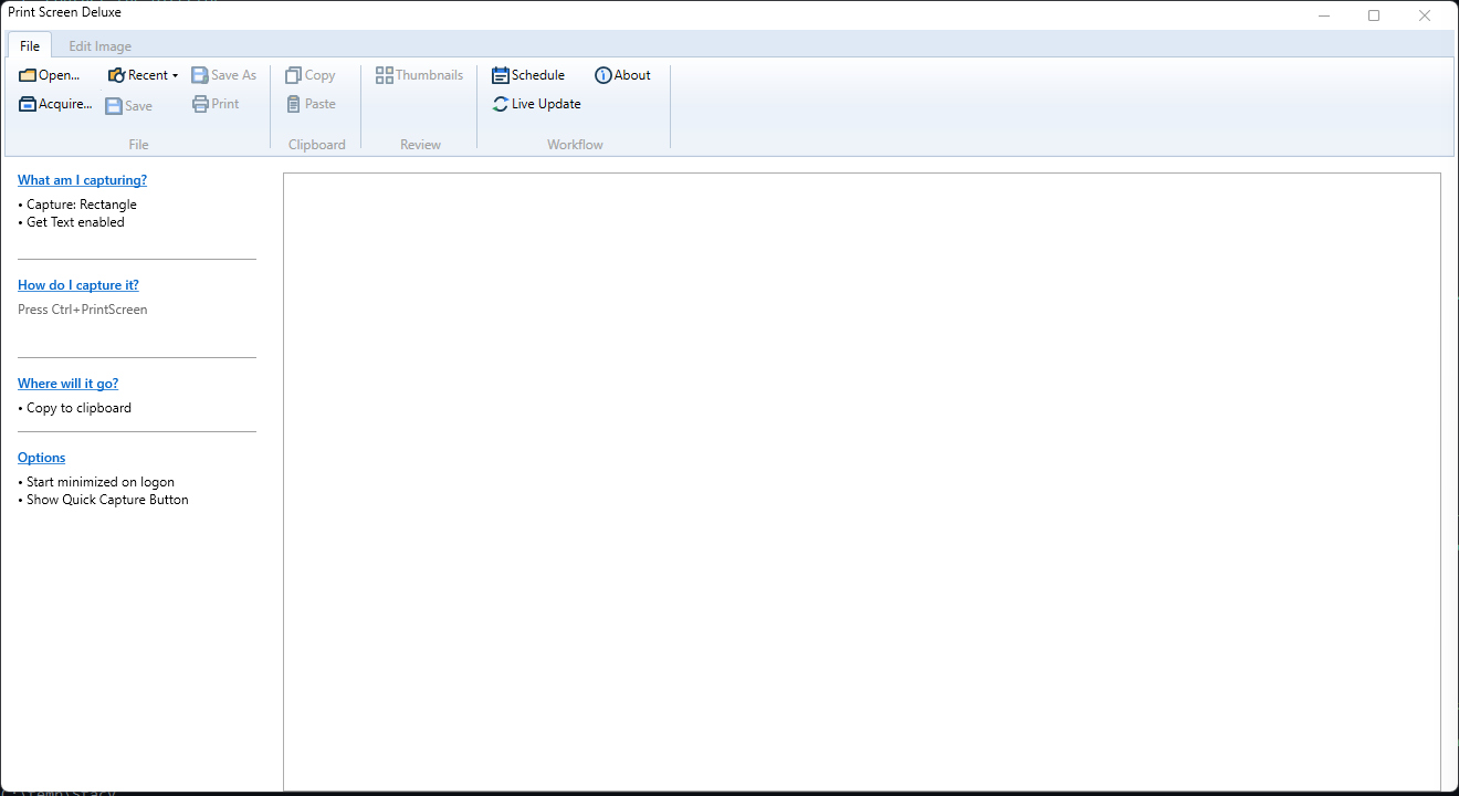 Main app window with left setup links, ribbon, and work area