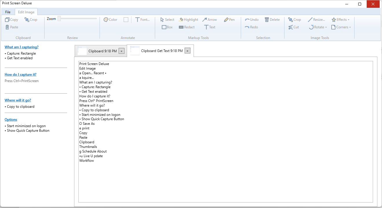 An image tab and the OCR text tab after capture