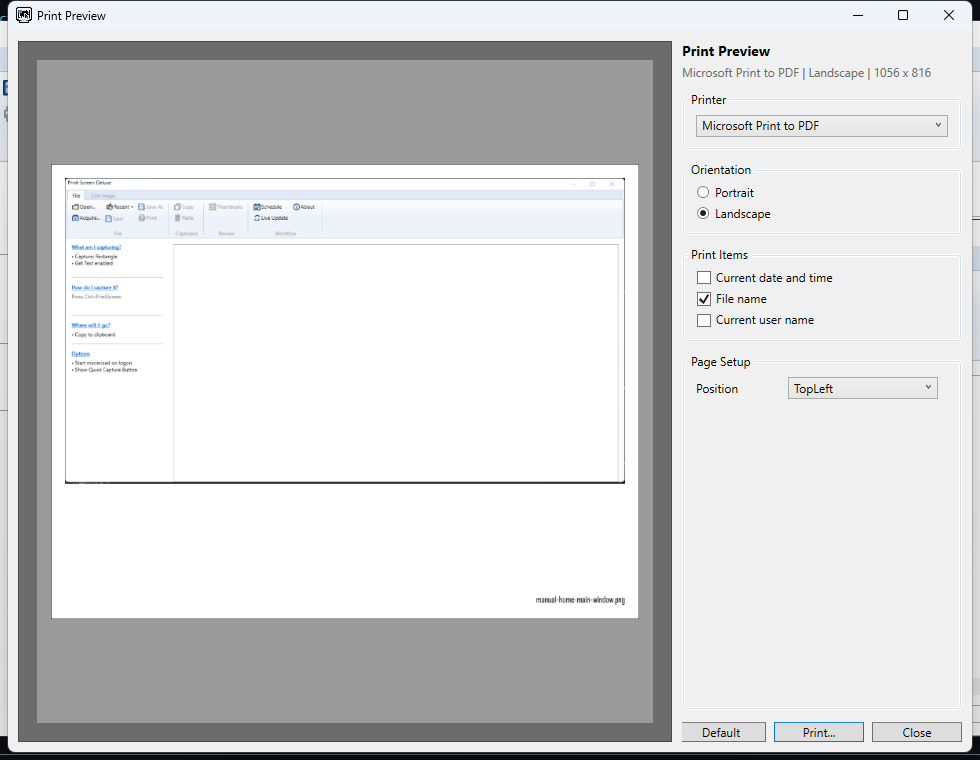 The print preview window with printer and layout controls