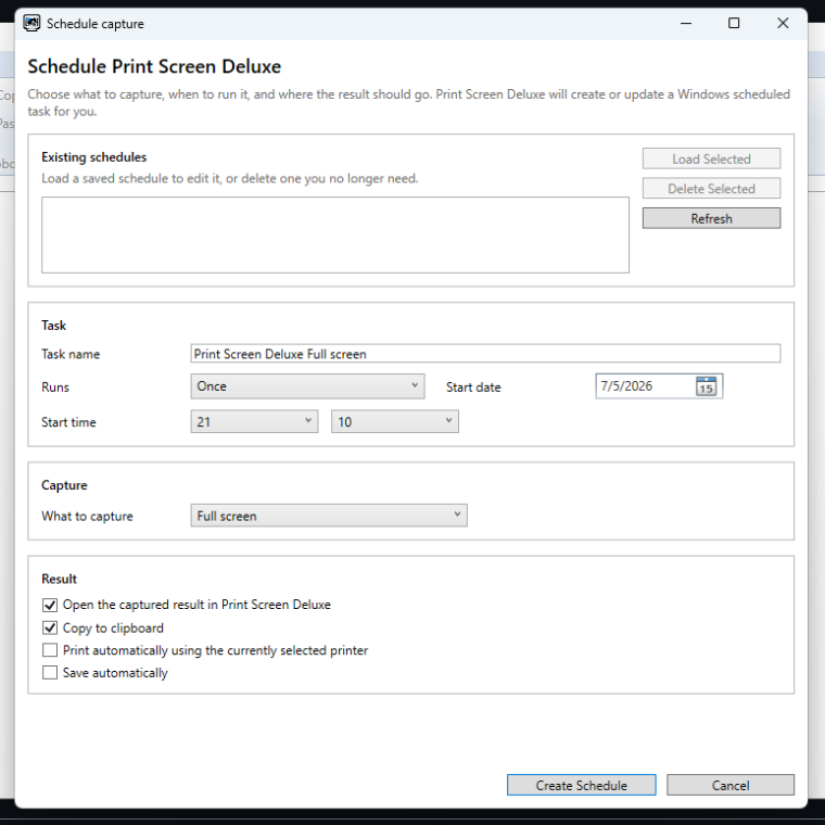 The schedule window with task, timing, and result sections visible