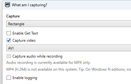 `What am I capturing?` dialog with video options on